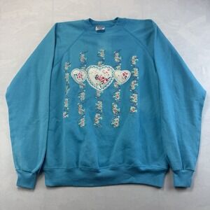 Vintage Hanes USA Floral Hearts Sweatshirt Womens XL Blue Cottagecore 90s USA